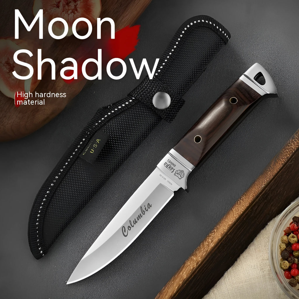 National style stainless steel camping fruit knife shown with its leather carry case.