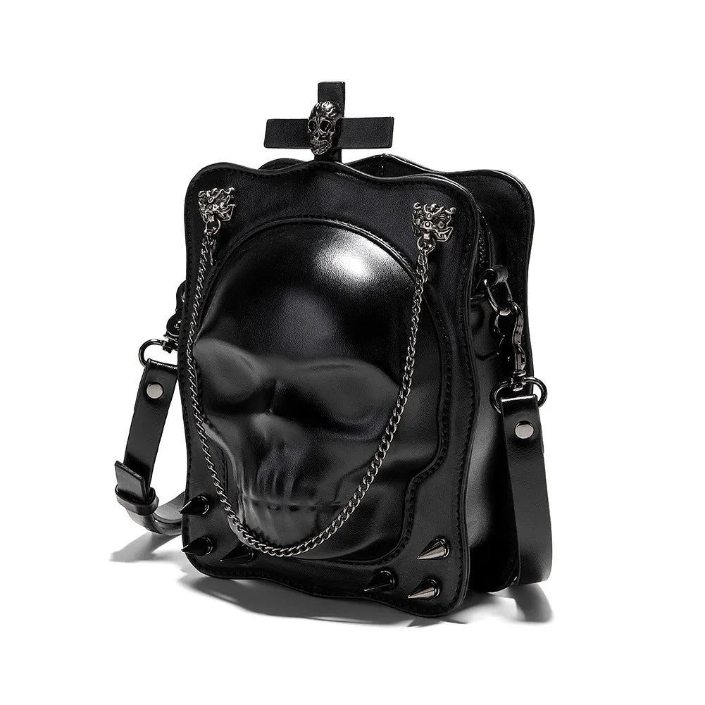 Black mini square crossbody bag with skull gothic design, stitching, rivets and chains on PU leather