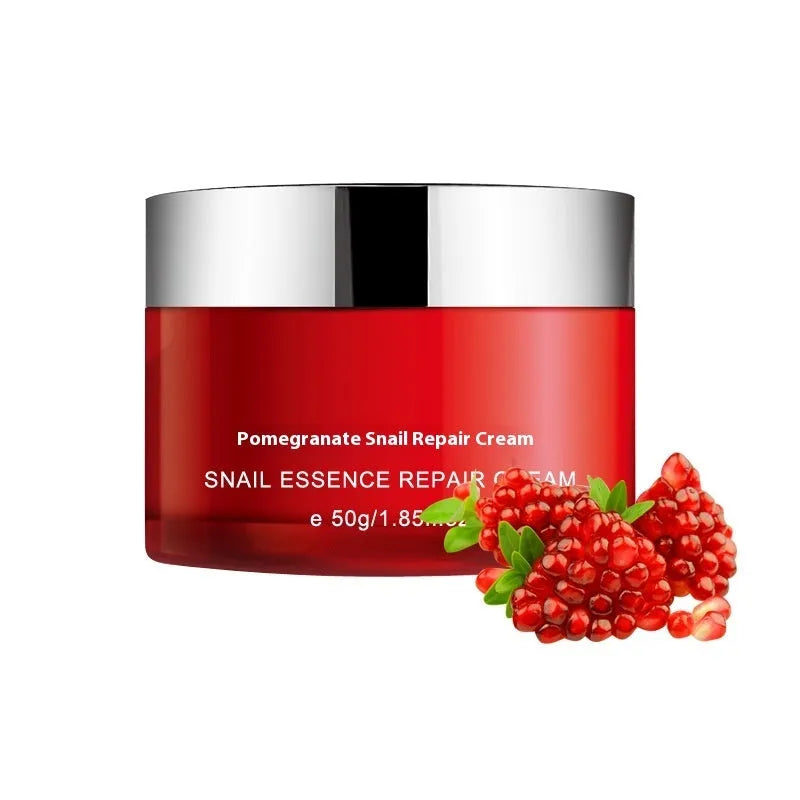 Pomegranate skincare set with four red bottles: cleanser, toner, lotion, and facial cream