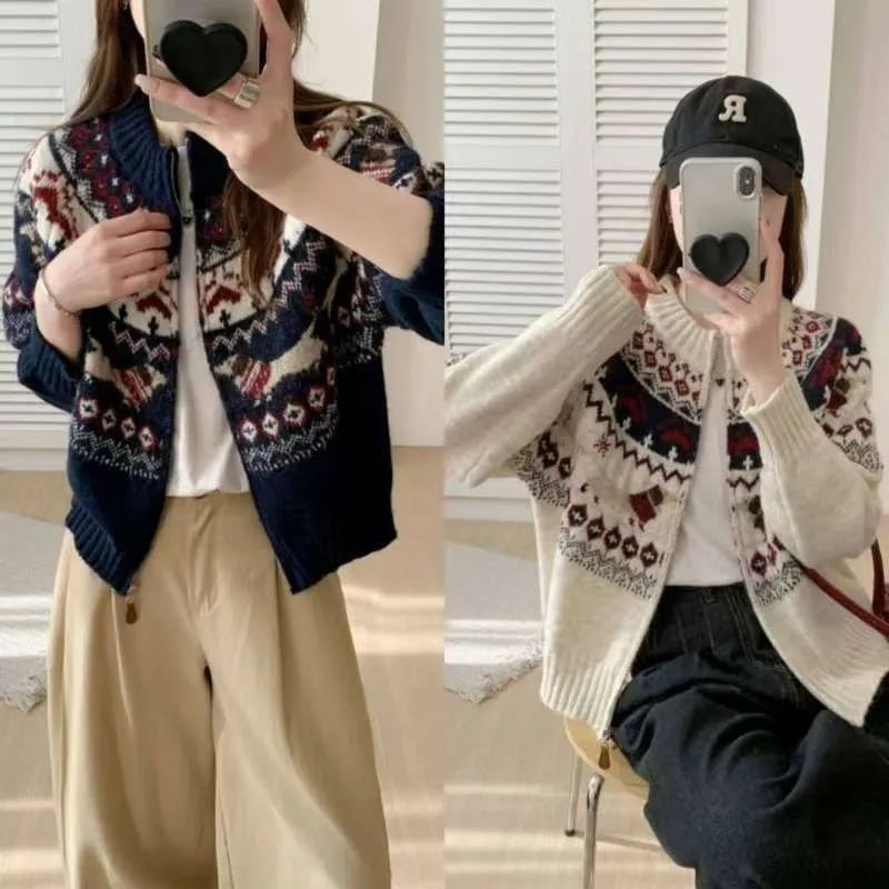 Ethnic jacquard pullover sweater with 3D pattern in loose fit free size