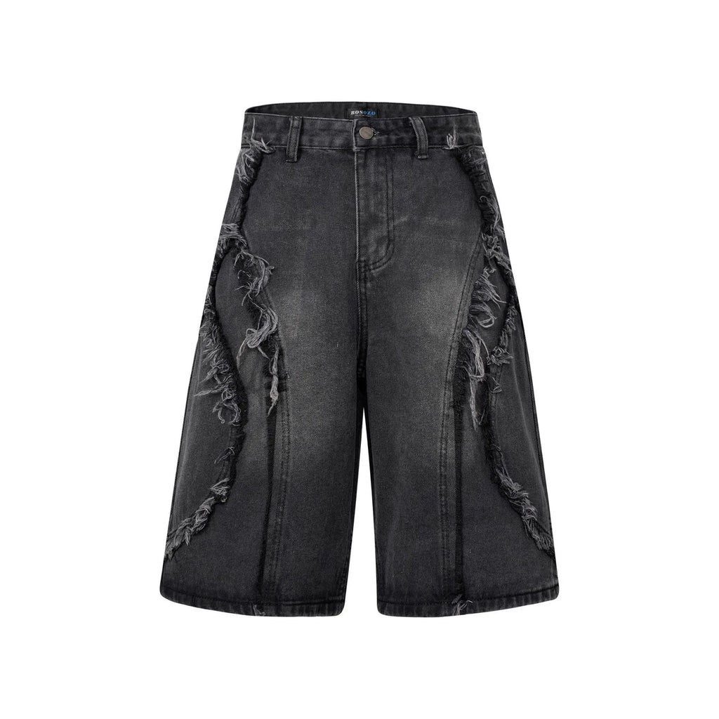 Distressed raw edge denim shorts in a straight cropped fit, shown in black, dark blue, and light blue.