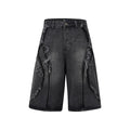 Distressed raw edge denim shorts in a straight cropped fit, shown in black, dark blue, and light blue.