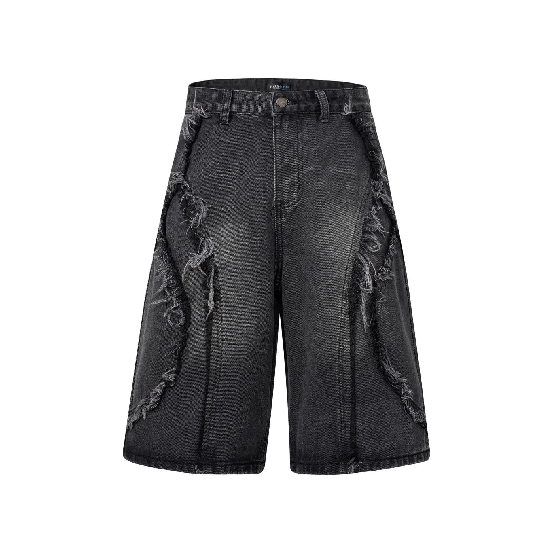 Distressed raw edge denim shorts in a straight cropped fit, shown in black, dark blue, and light blue.