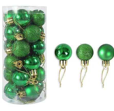 Assorted metallic gold, red, silver, and blue 3cm plastic Christmas bauble ornaments in a box.