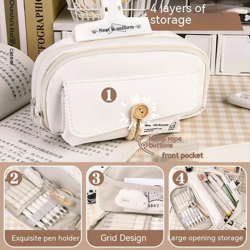 Green canvas pencil case with large capacity for 80 pens, Korean style stationery bag.
