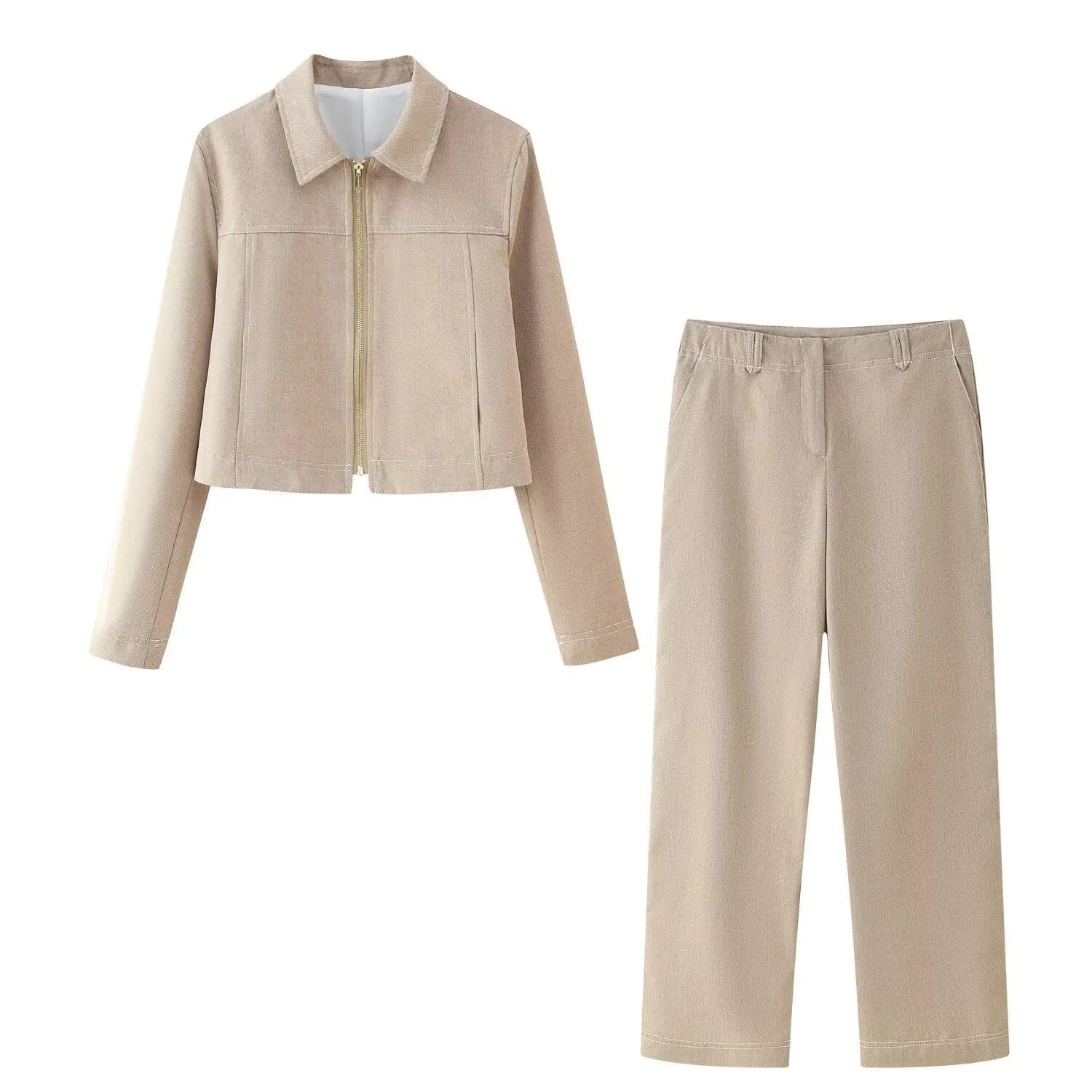 Women's beige herringbone pattern jacket and trousers suit set with 3D embroidery detail.
