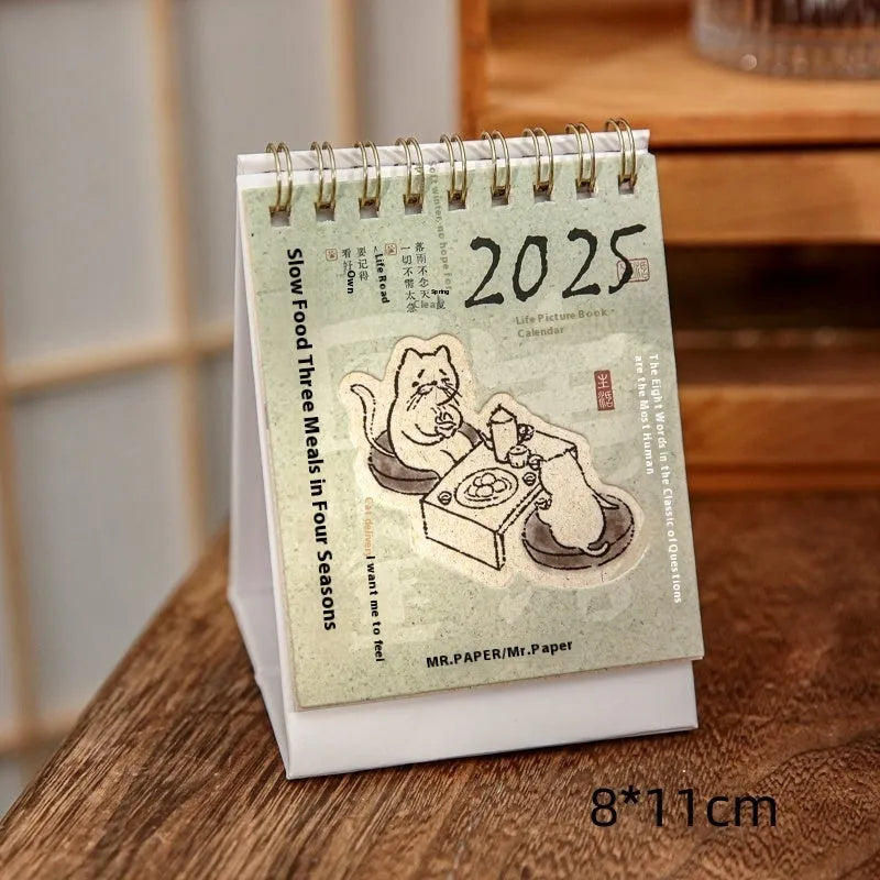 Coffee-themed 2025 mini desk calendar showing four simple modern design options