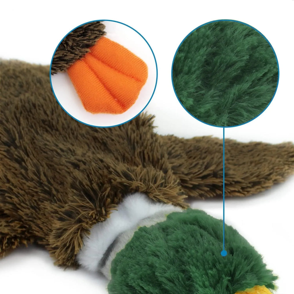 Green stuffless plush dog toy shaped like a wild duck with two squeakers.