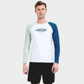 Men's long-sleeved swimsuit with white top and matching swim trunks for beach sports
