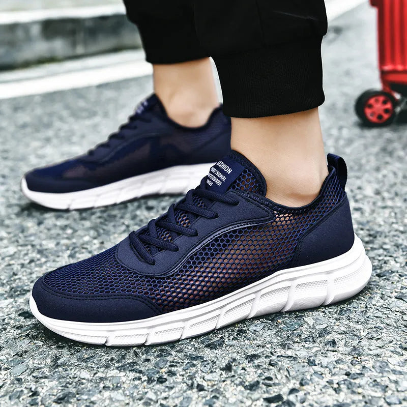 Men's breathable mesh lace-up summer sports shoes in black, blue, and grey, sizes 37-48