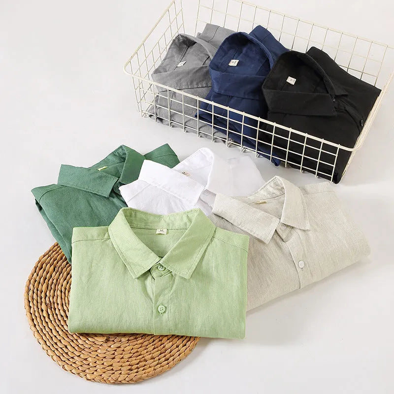 Linen long sleeve shirt in loose fit with Chinese cardigan style, shown in solid colour options.
