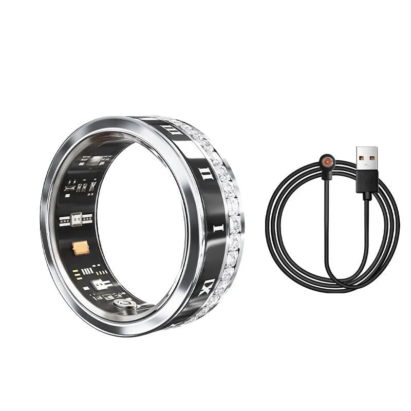 Diamond-inlaid smart ring with metal finish showing integrated sensor for blood oxygen monitoring