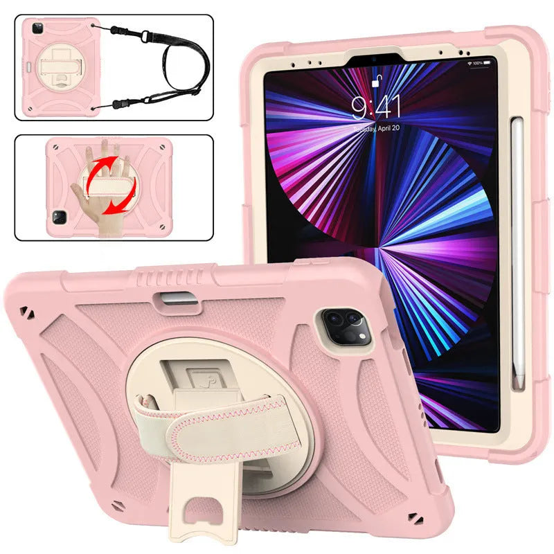 iPad silicone protective case with a rotating bracket strap in rose gold colour