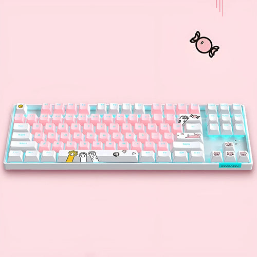 87-key RGB green shaft mechanical keyboard with metal panel, pink and white colour, and cotton hand rest