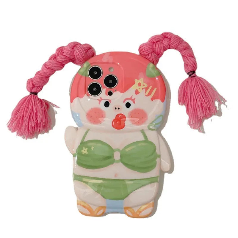 Pink and green summer cartoon iPhone case showing swimsuit girl with braids design on silicone back cover