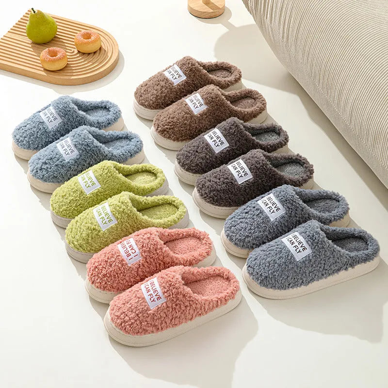 Letter design thick sole home slippers in dark grey with plush upper and non-slip PVC sole