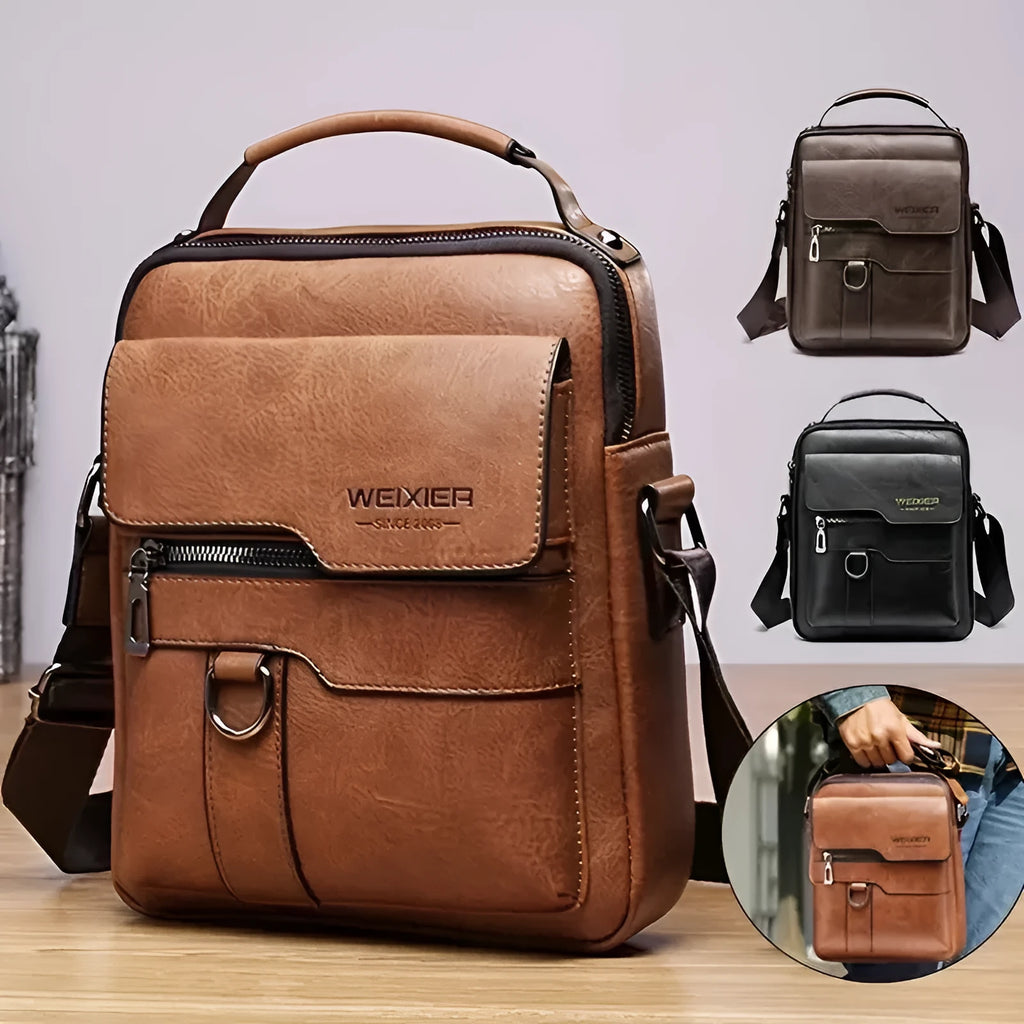Men's retro PU leather messenger bag with flap closure, one-shoulder crossbody design, black colour