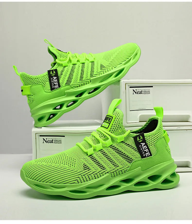 Men's mesh breathable casual running shoes with cross straps in black, green, and yellow, sizes 40-47