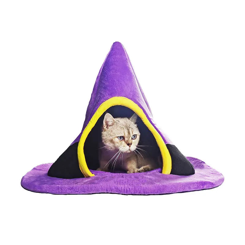 Purple cloth Halloween witch hat shaped cat bed measuring 60x45cm for cats