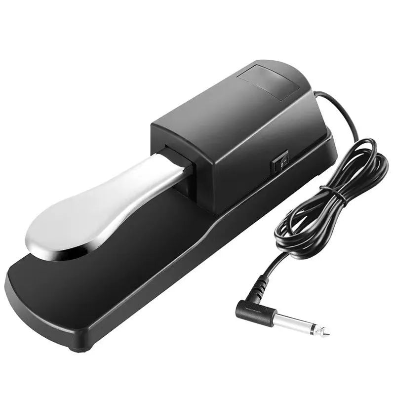 A single universal sustain pedal for electronic keyboards made from black ABS plastic with a rubber anti-slip base.