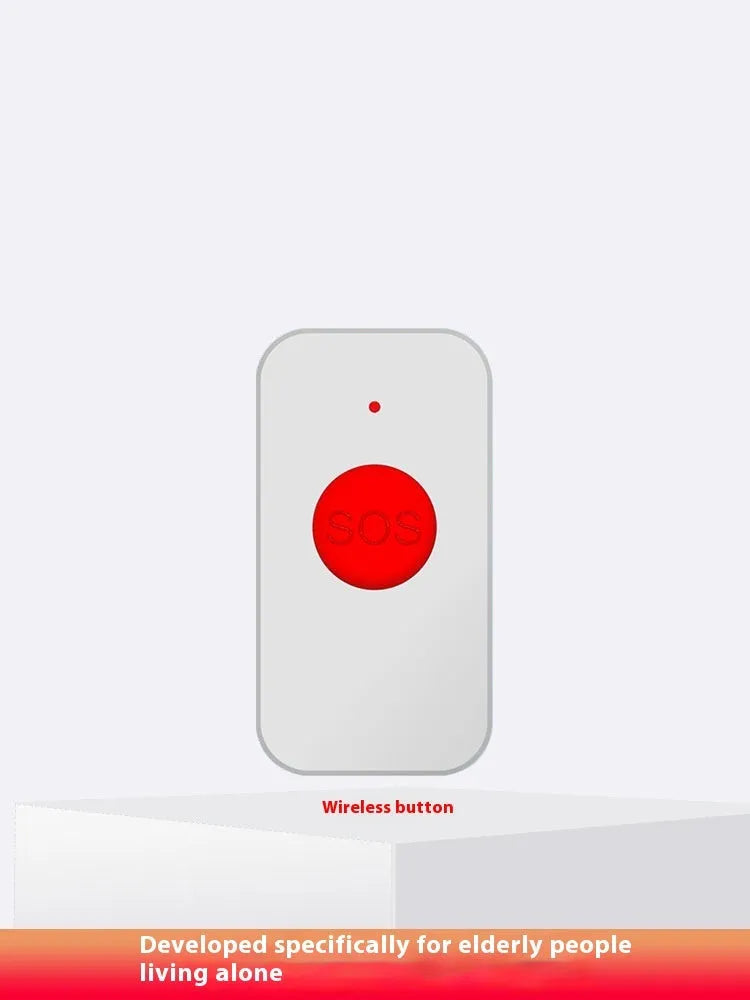 White elderly emergency alert device with a central buzzer unit and three wireless call buttons.