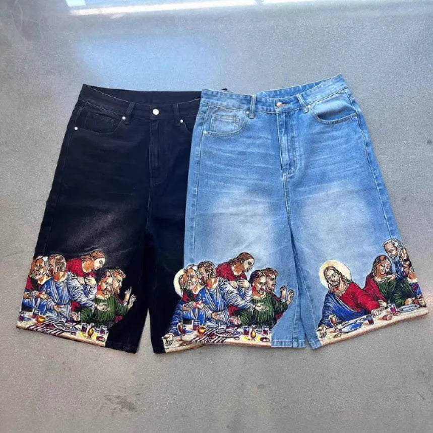 Men's blue cotton shorts with Jesus print on back pocket, tapered design