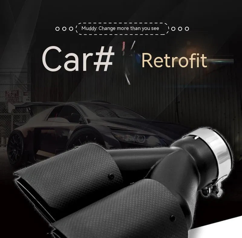Black carbon fibre dual outlet car exhaust pipe silencer, 250mm long.