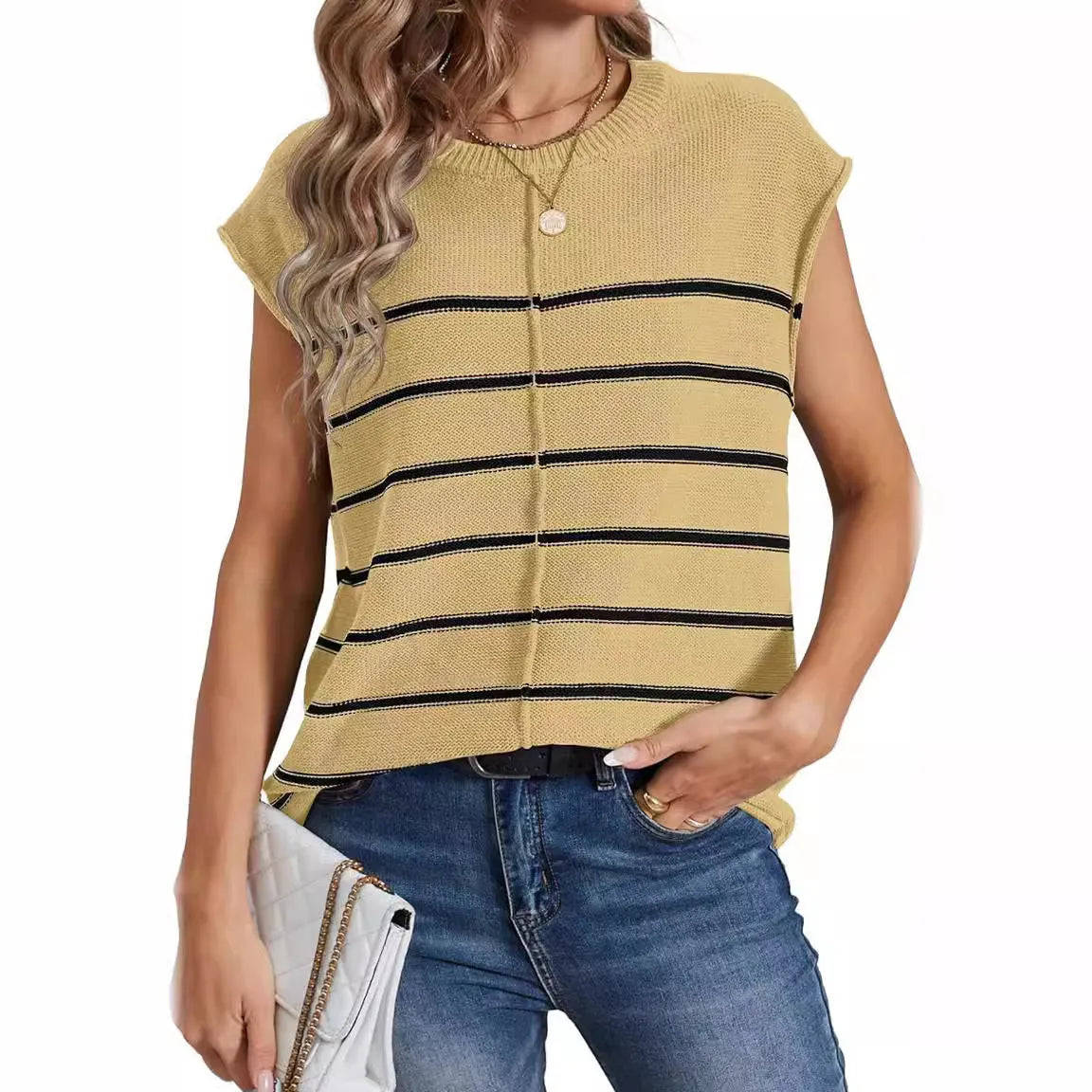 Women's striped sleeveless pullover vest in acrylic fabric showing bone stitching detail.