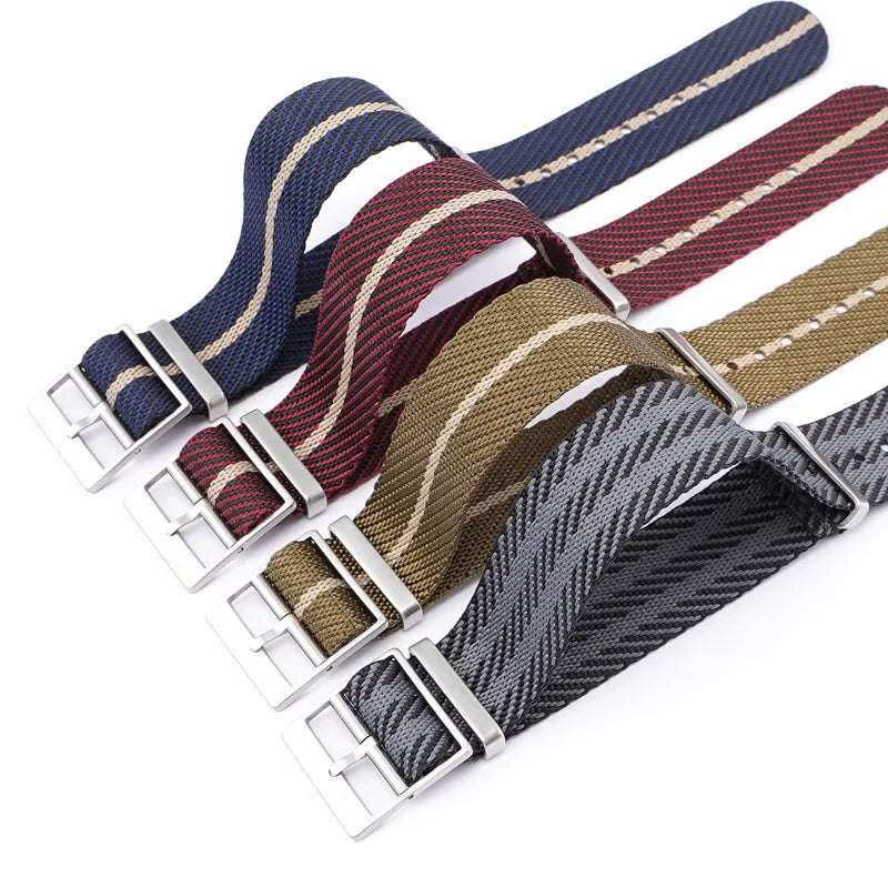 Nylon woven canvas watch strap with silver buckle in blue white colour, 22mm width on a watch