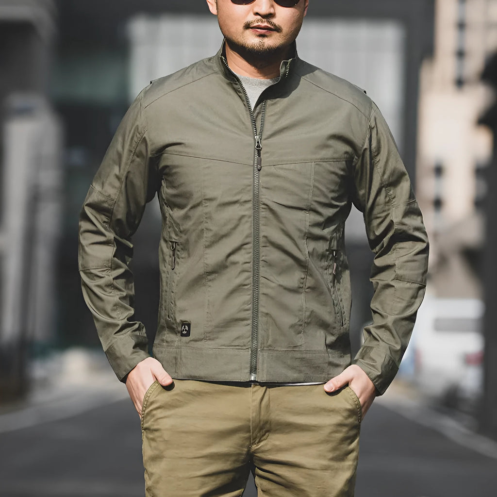 Men's tactical jacket in polyester fabric shown in a camouflage pattern colour option.