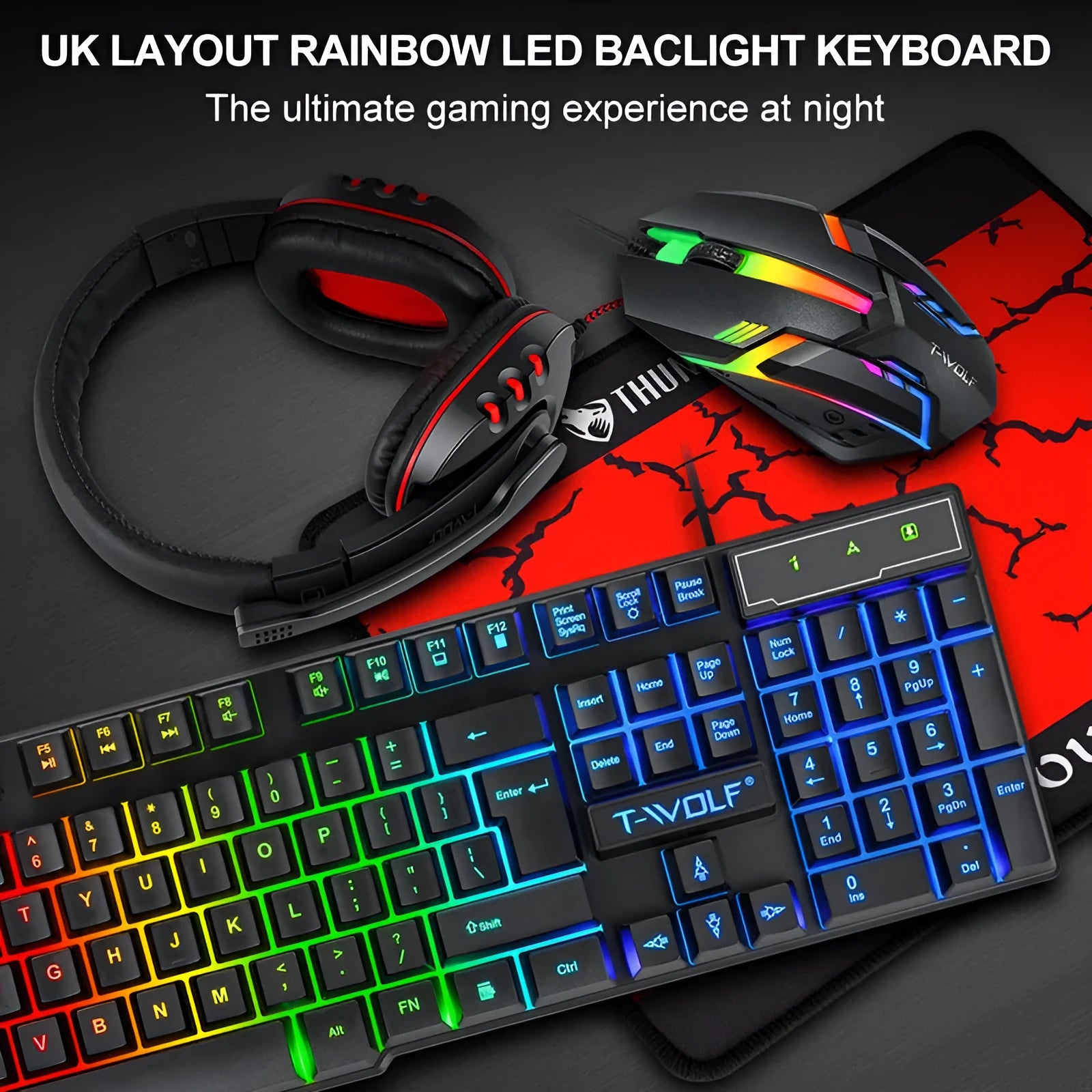 Wired gaming keyboard and mouse set with RGB lighting, headset, and large mouse pad