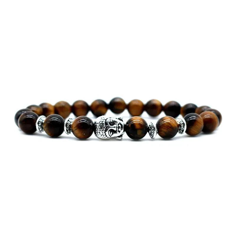 Buddha head bracelet with 19mm tiger eye stone and amethyst beads on wrist