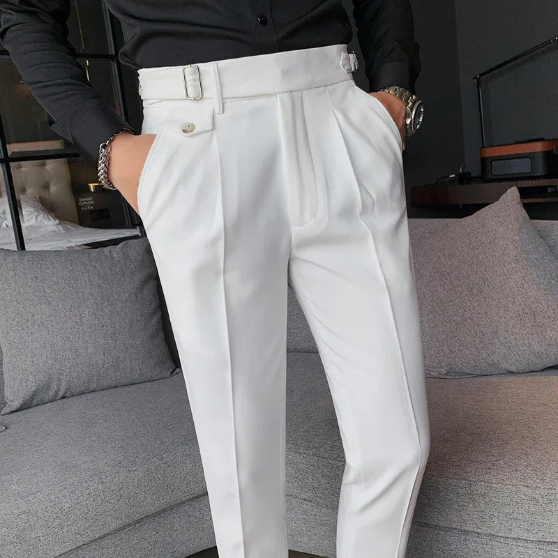 A pair of men's straight-leg casual trousers in a solid colour, laid flat to show the classic cut and polyester fabric.