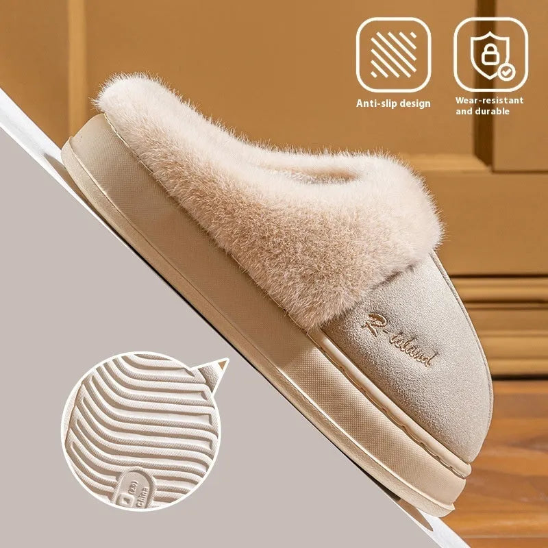 Fluffy couple slippers in pink and khaki with non-slip PVC sole and cloth upper for indoor home use
