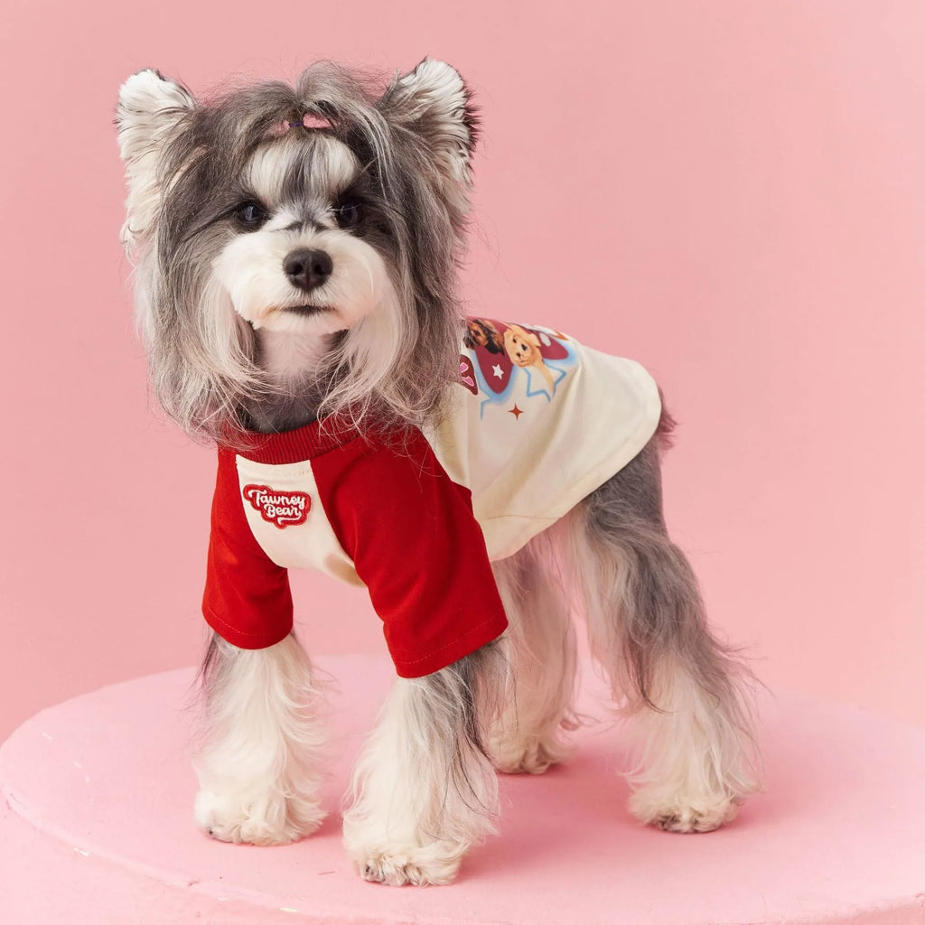 Cotton summer dog clothes with contrast colour embroidery in red or pink, available sizes XS to XXL