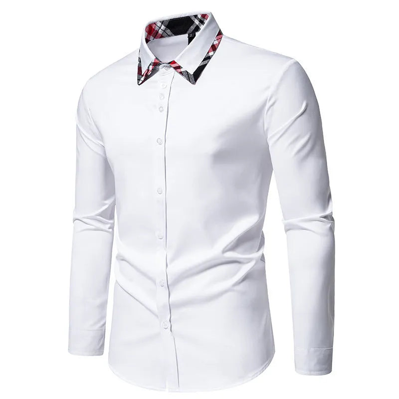 Men's plaid long sleeve shirt with triangle collar in blue, black or white colour options