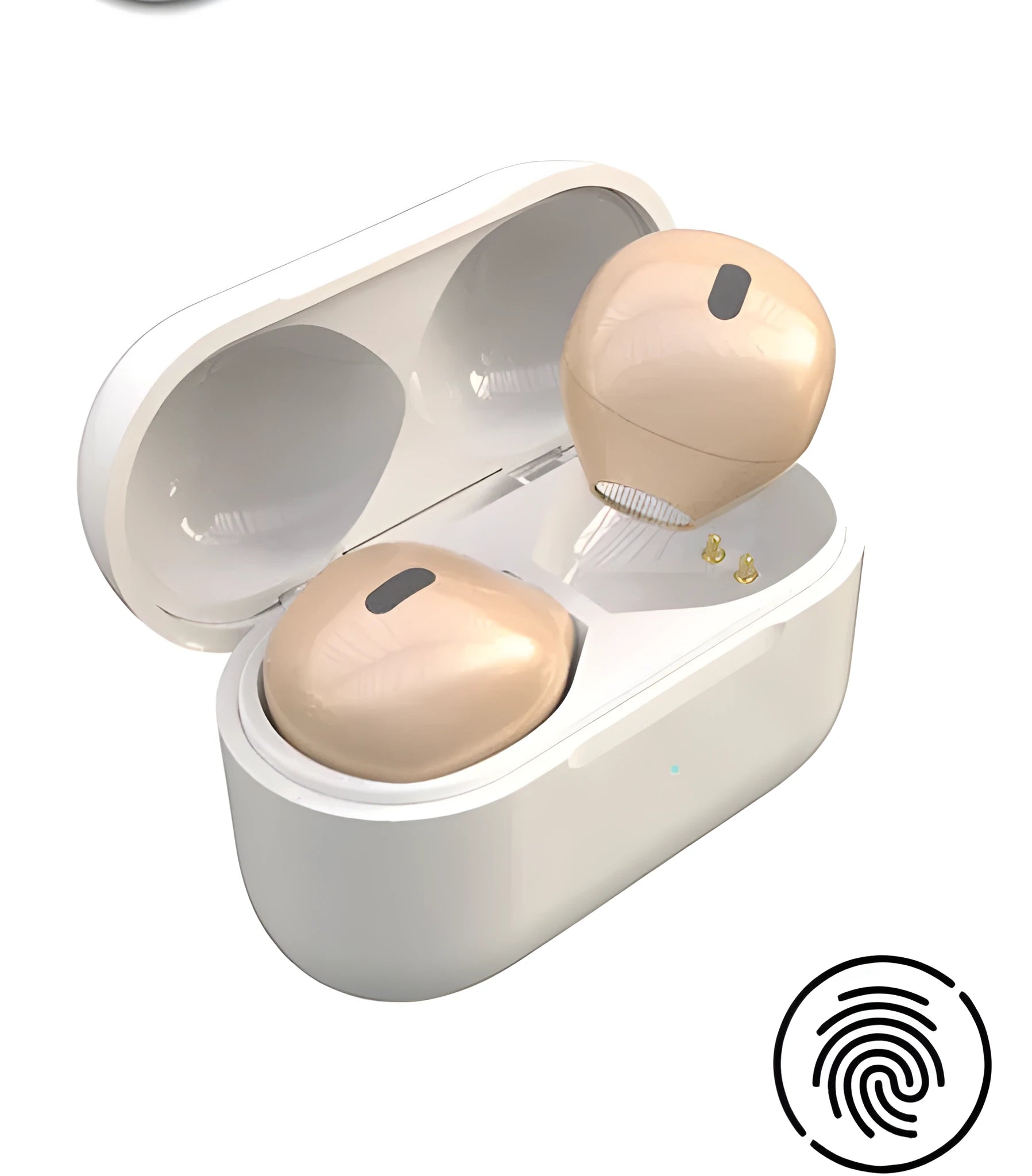 Close-up of a small 9mm skin tone Bluetooth earpiece designed to be invisible in the ear.