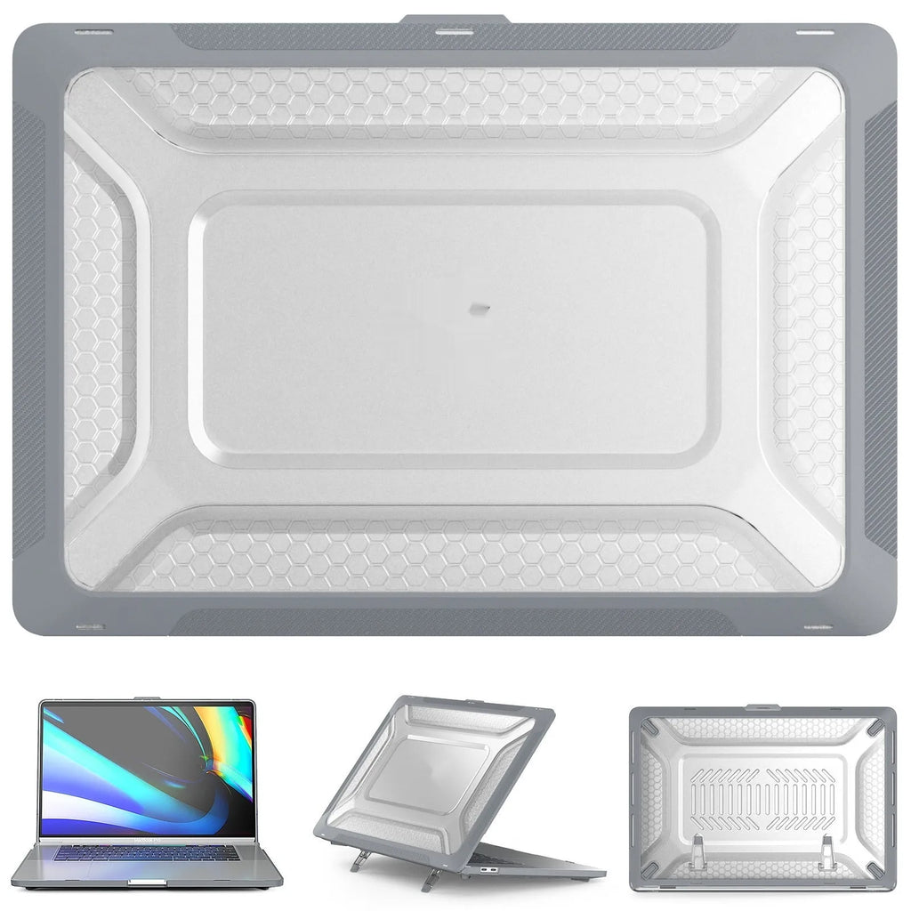 MacBook protective shell case in cold black, starry sky grey, elegant apricot, and sapphire blue colours for Air and Pro models.
