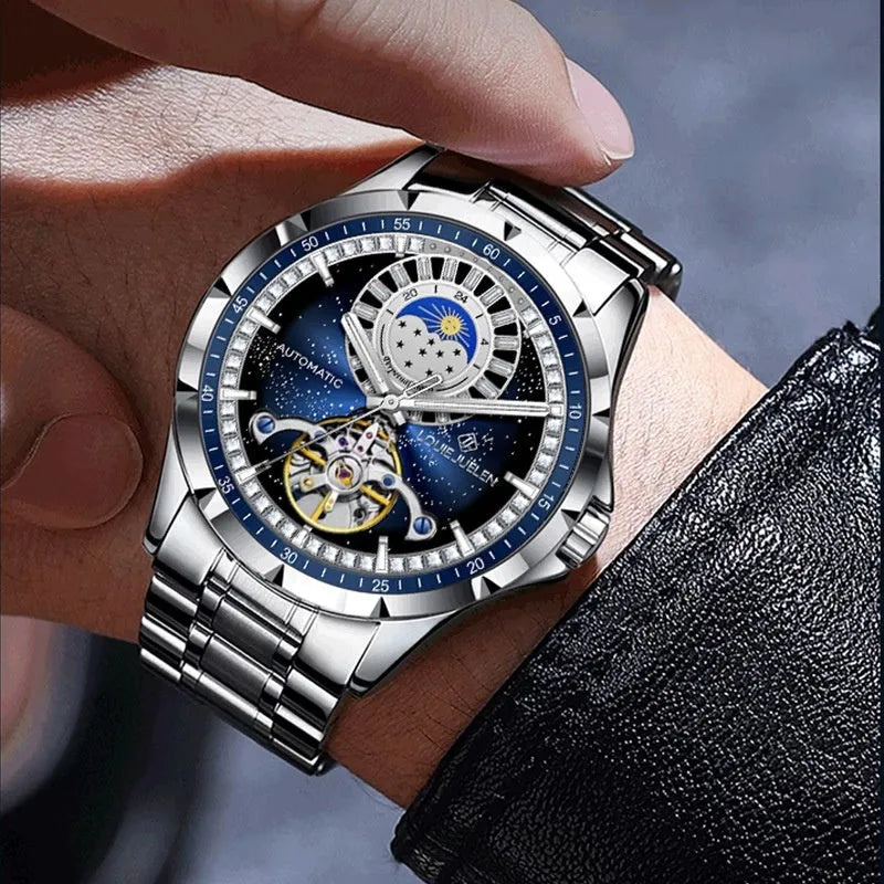 Men's waterproof automatic mechanical watch with silver case, blue dial and stainless steel strap
