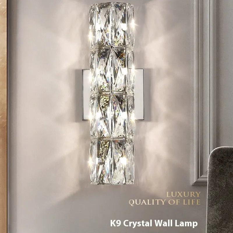 Crystal wall lamp with stainless steel base in chrome or gold finish, LED tricolour lighting, multiple size options