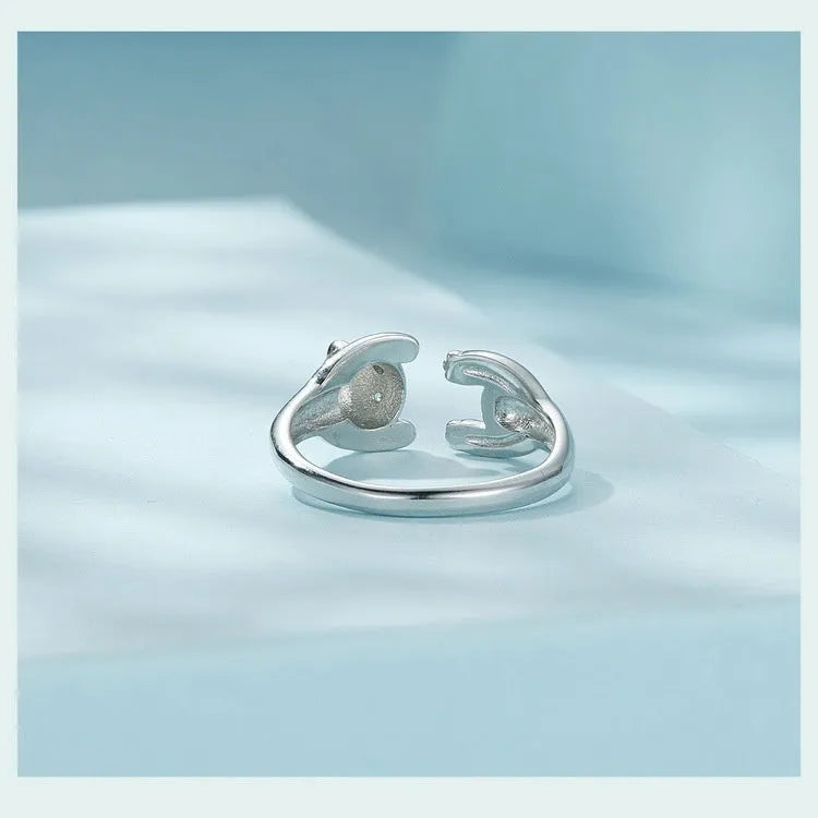 Sterling silver adjustable open ring with white gold plating and cute panda design