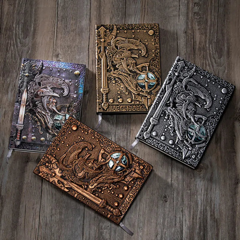 Handmade A5 leather notebook with 3D Warriors relief embossed design in metallic colours
