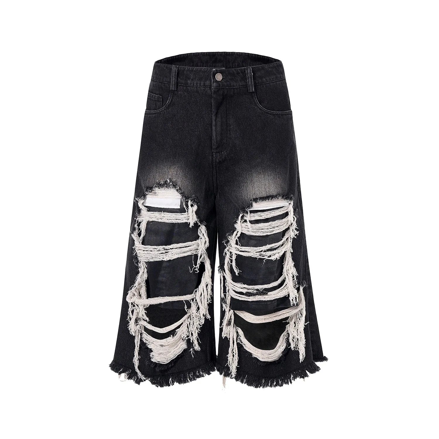 Black cropped wide leg jeans with mid-high waist and ripped patch detail on a loose fit.