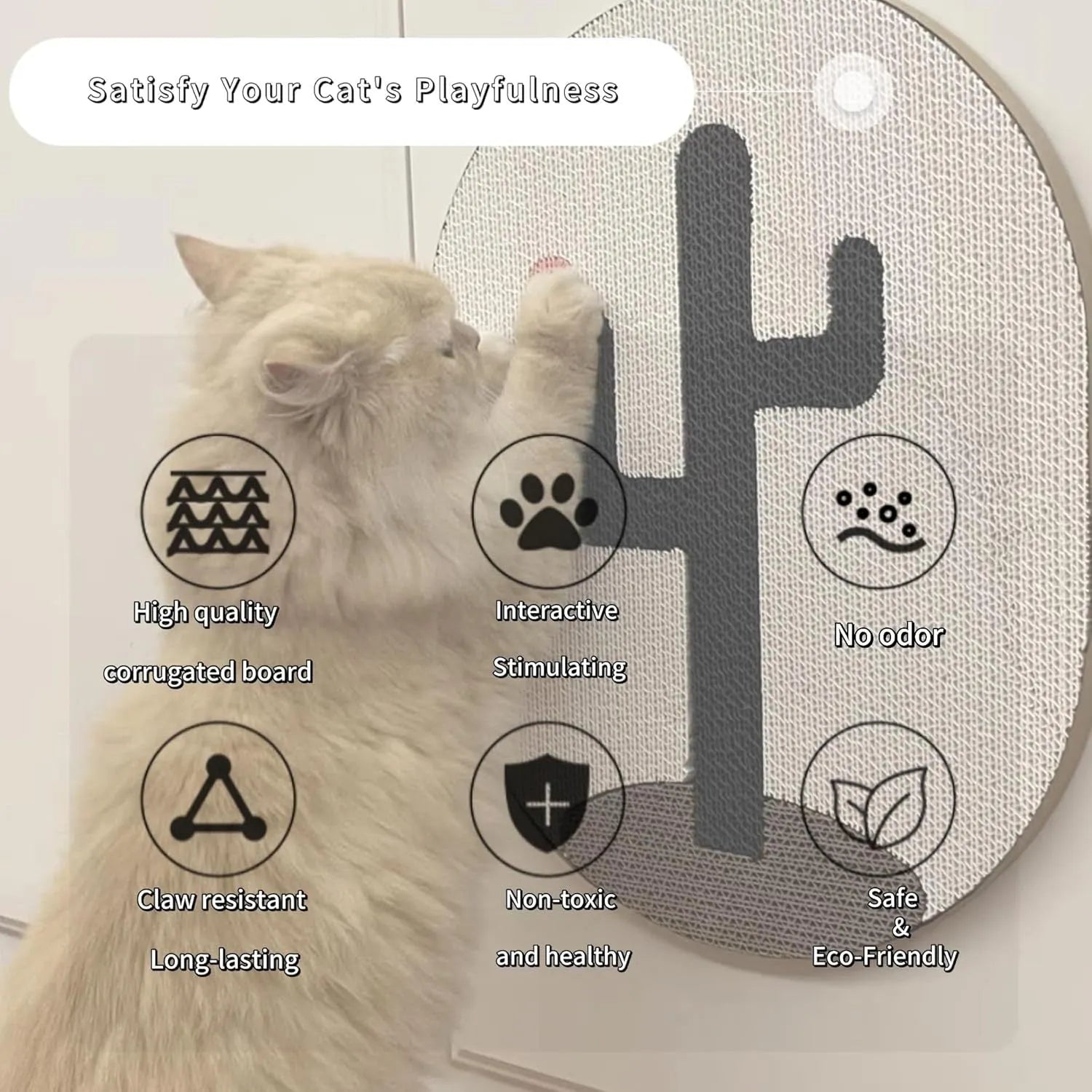 Wall mounted vertical cat scratch pad made of corrugated cardboard on a white wall.