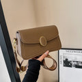Fashion small square bag with wide shoulder strap in horizontal shape, PU material, khaki colour