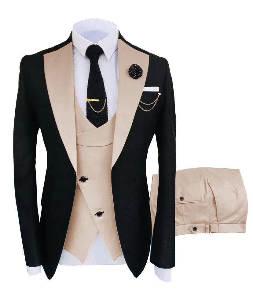 Men's slim fit three-piece business suit in cotton fabric with coat, vest and trousers