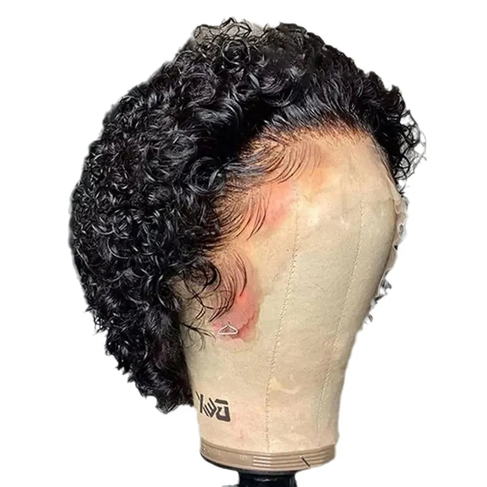 Black 13x1 human hair pixie wig with lace base for daily wear