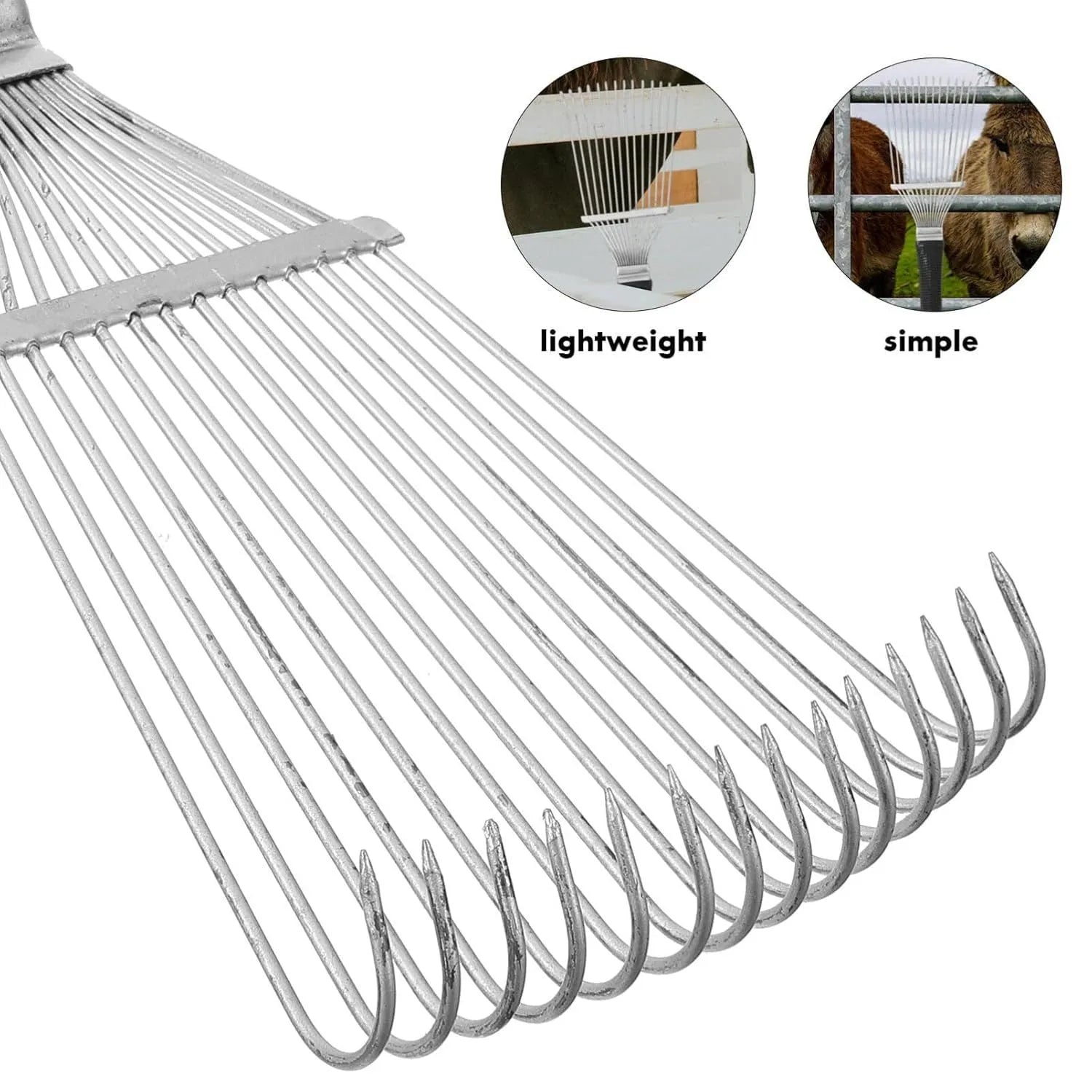 Stainless steel livestock grooming rake comb for horses and dogs on a dark background.