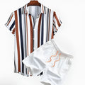 Men's casual digital print cardigan suit with short sleeves and matching shorts on a hanger.