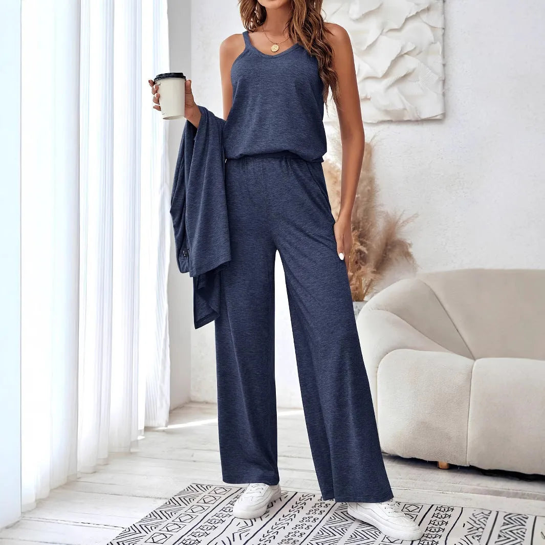 Women's blue polyester three-piece casual suit with sling top, long cardigan, and trousers